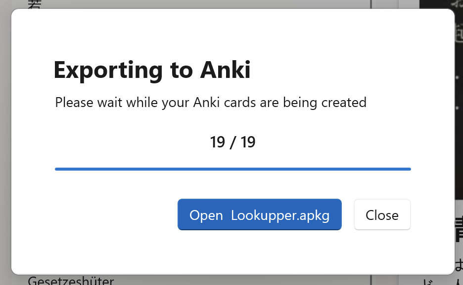 Lookupper Anki Export Dialog